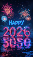 Happy 2026 new year celebration with fireworks reflected in water