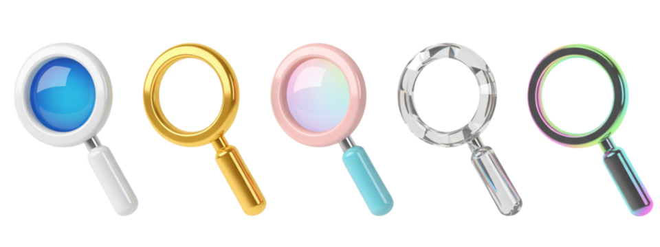 Explore diverse magnifying glass designs, symbolizing discovery, research, analysis, and focused investigation for modern business and creative projects - Powered by Adobe