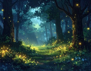 Obraz premium A magical forest path glows with fireflies at night, bathed in soft, ethereal light.