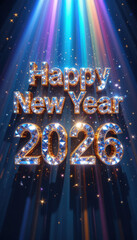 Happy new year 2026 celebration with colorful lights and sparkles
