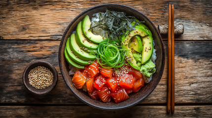 Delicious Hawaiian Poke Bowl with Fresh Salmon Avocado and Seaweed Cuisine