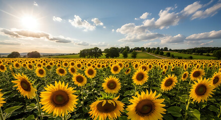 Fototapeta premium Vector illustration of vast field of sunflowers under a bright blue sky with fluffy clouds and the sun shining