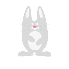 Cute gray cartoon rabbit standing with a playful expression on a white background