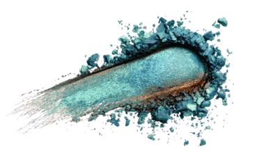 Teal eyeshadow powder swatch.  Streak of teal shimmery powder spills from a sculpted, oval-shaped reservoir of crushed teal pigment