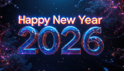 Happy new year 2026 glowing text and numbers with bokeh lights