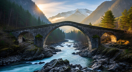 Vector illustration of ancient stone arch bridge spanning a rushing river in a lush mountain valley at sunrise, with sunbeams illuminating the mist