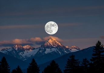 Vector illustration of full moon rising over snowcapped mountains at dusk, with pine trees in the foreground