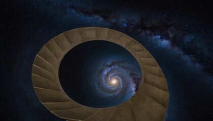 A spiral staircase made of solidified starlight ascending into a black hole&rsquo;s event horizon, each step pulsing with cosmic energy, no climbers, 8K, celestial surrealism