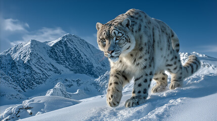 Fototapeta premium Majestic Snow Leopard walking confidently on snowy mountain terrain during wintertime