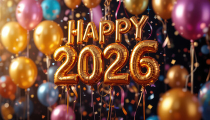 Golden happy 2026 balloons and confetti celebrate new year