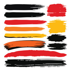 Collection of various textured brush strokes and paint swatches in black, red, and orange colors on a white background.