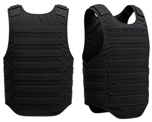 Black Tactical Ballistic Vest – Front and Back Views of MOLLE Body Armor, Military & Police Protective Gear on White Background