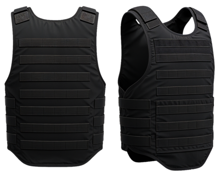 Black Tactical Ballistic Vest – Front and Back Views of MOLLE Body Armor, Military & Police Protective Gear on White Background