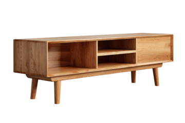 Light-brown wooden TV stand with open compartments.  Simple, modern design with tapered legs.  Empty shelves