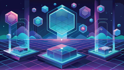 Futuristic digital landscape with geometric shapes and neon glow illustrating technology and innovation on a transparent background