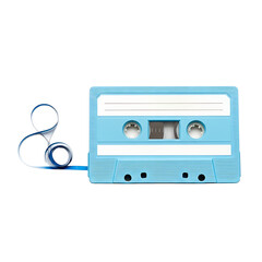 Fototapeta premium Retro blue cassette tape with unwound magnetic tape on white background