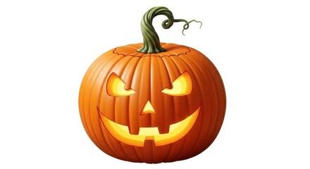 Jackolantern with a carved spooky face and glowing light inside, isolated on white background