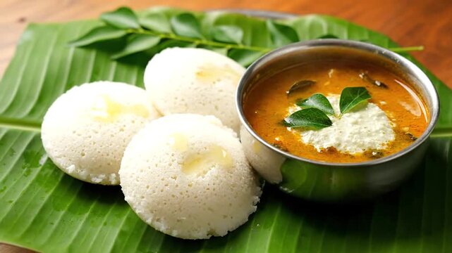 Delicious plate of idi with accompanying bowl of idi and a variety of complementary foods for a complete meal experience