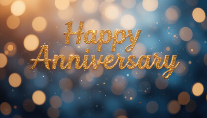 Golden happy anniversary text with bokeh lights and glitter effect
