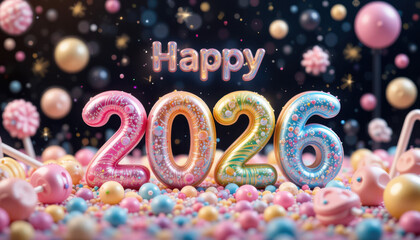 Happy new year 2026 celebration with colorful balloons and confetti