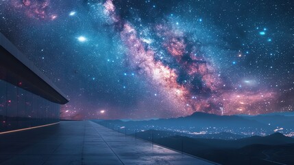 Fototapeta premium Stunning Galactic View from Modern Outdoor Deck at Night Sky