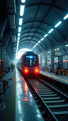 Modern red passenger train standing in covered technical depot of railway junction