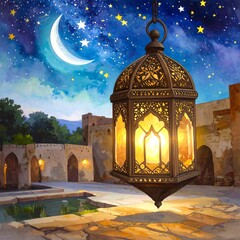 Night scene, lantern, castle