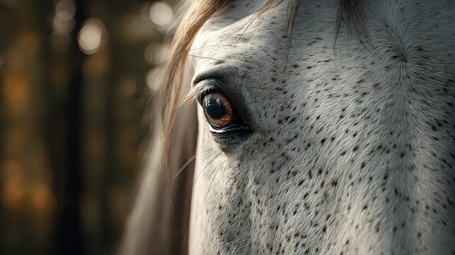 Close-up of dappled white horse eye and face showing intricate details, freckles, and gentle expression against blurred natural background. Perfect for equestrian themes.