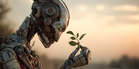 Intelligent robot carefully holds tender green sprout against soft sunset sky, symbolizing future growth and innovation