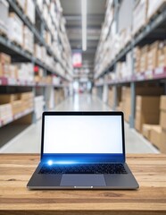 A sleek laptop with a blank screen sits on a rustic wooden table, surrounded by the industrial ambiance of a spacious warehouse, with soft light filtering in.