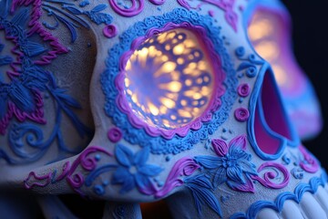 Close-up view of a decorative sugar skull, vibrant with intricate details of blue, pink, and light patterns.