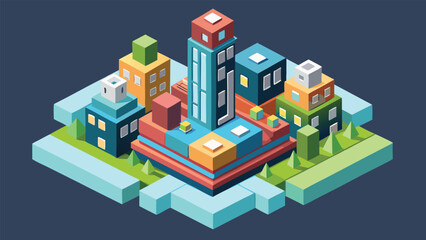 Isometric illustration of a colorful cityscape depicting modern buildings, perfect for architectural and urban design projects