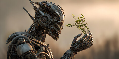 Intricate android delicately holds vibrant green sapling, symbolizing future growth and technological harmony with nature