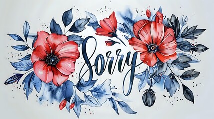 Watercolor floral composition with red poppies and navy blue leaves featuring sorry lettering calligraphy, artistic sympathy card design element.