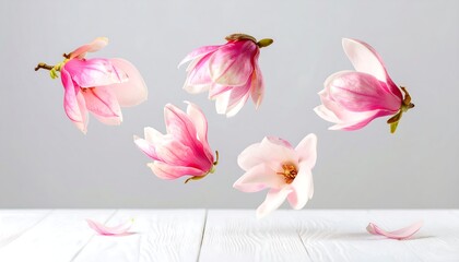 Delicate pink magnolia blossoms suspended in mid-air