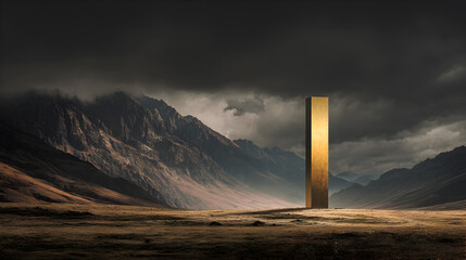 Mysterious golden monolith stands tall amidst dramatic, moody mountain landscape bathed in ethereal light