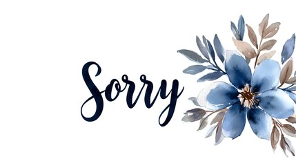 Watercolor blue flower arrangement with calligraphic sorry text on white background, floral elements in blue and brown tones for greeting cards and apology notes.