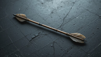 Antique wooden arrow with fletching on a dark textured surface