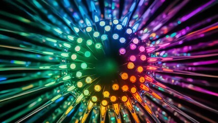 Vibrant abstract animation of a kaleidoscopic radial structure with fast-moving rainbow colored lights - Powered by Adobe