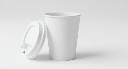 Fototapeta premium A Single Disposable White Coffee Cup with Its Lid Resting Beside It on a White Background