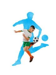 Creative collage. Boy football player kicking ball in green uniform inside blue athlete silhouette. Concept of childhood sports, passion for football, active lifestyle, energy and future career dreams