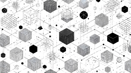 Dynamic Isometric Grid: Abstract Black and White Cubes Interconnected by Digital Lines and Nodes.