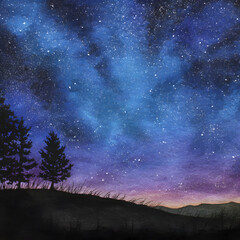 Watercolor Night Sky: Starry Landscape with Silhouetted Trees and Hills.