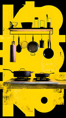 High Contrast Kitchen Still Life: Yellow Black and Culinary Utensils.