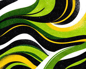 Vibrant Abstract Wavy Pattern with Grainy Green Yellow Black and White Textured Stripes.