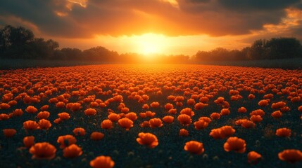 Sunset over a vibrant poppy field