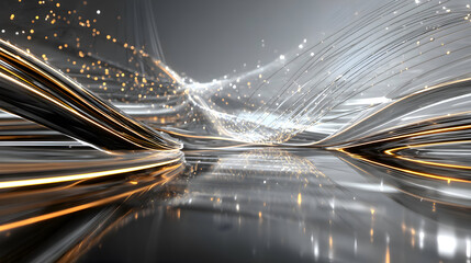 Dynamic Abstract Flow: Golden Light Streaks and Particles on Reflective Grey Surface.