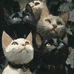 A Captivating Ensemble of Feline Faces Gazing Upwards in Dramatic Light.