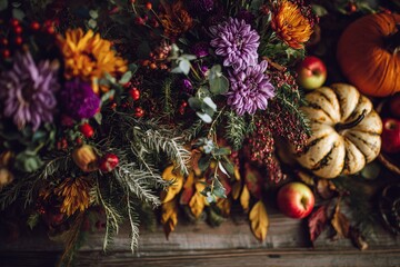 A colorful autumnal arrangement of flowers, pumpkins, and apples displays a warm and inviting fall scene.