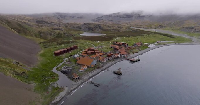 Drone view of Grytviken, the abandoned whaling station on South Georgia Island in the South Atlantic